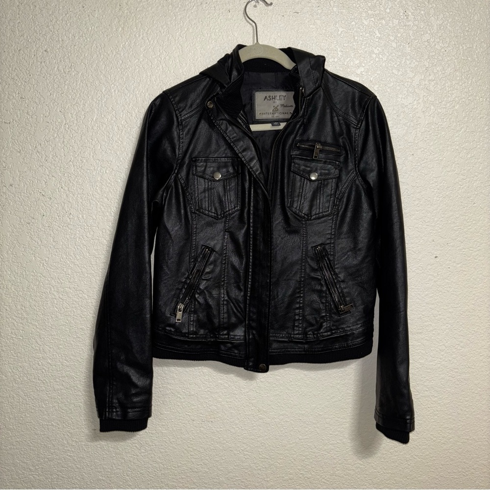 Ashley By 26 International Black Leather Jacket with Hood — Medium